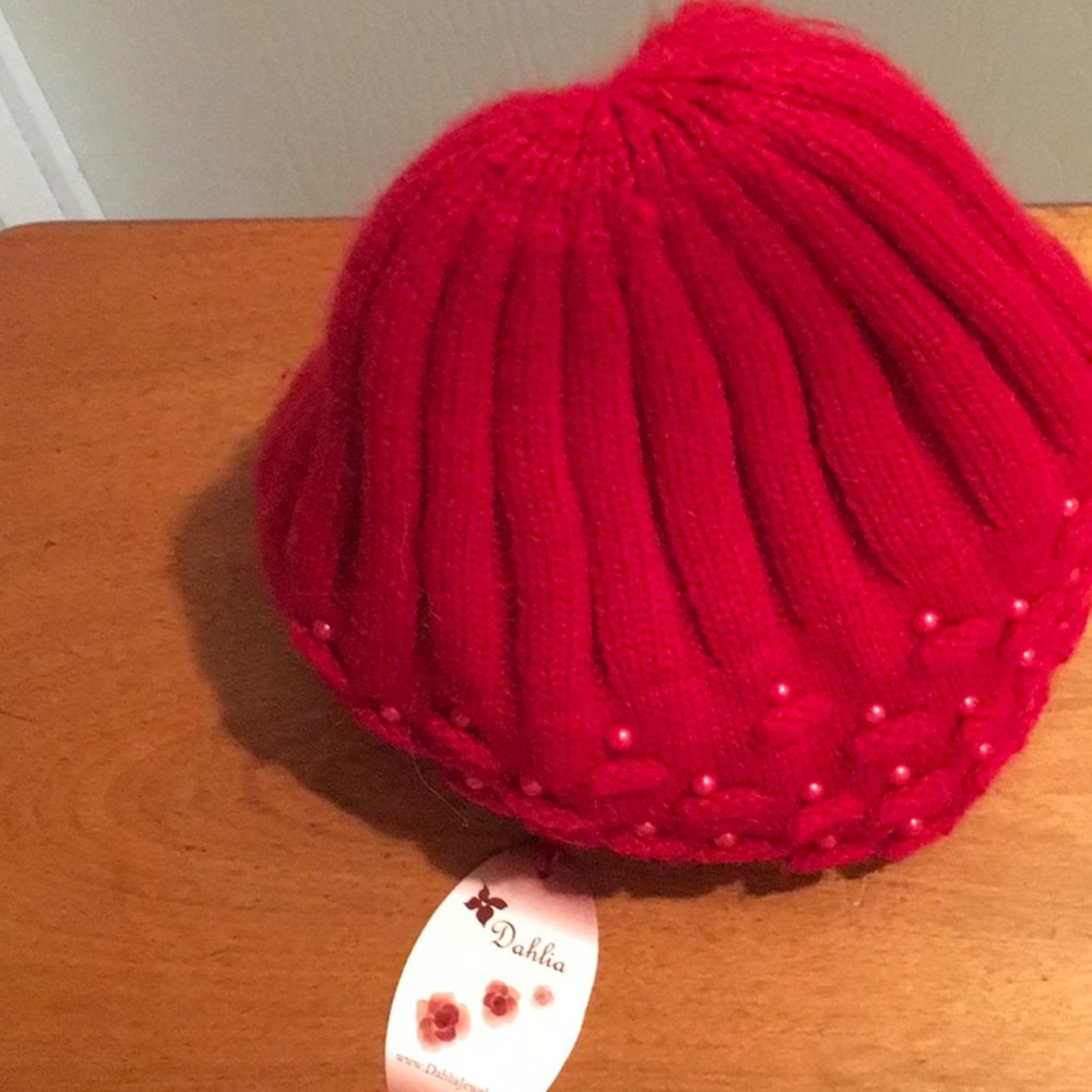 HAT,RED,NWT BEADED AROUND BOTTOM, MADE BY DAHLIA